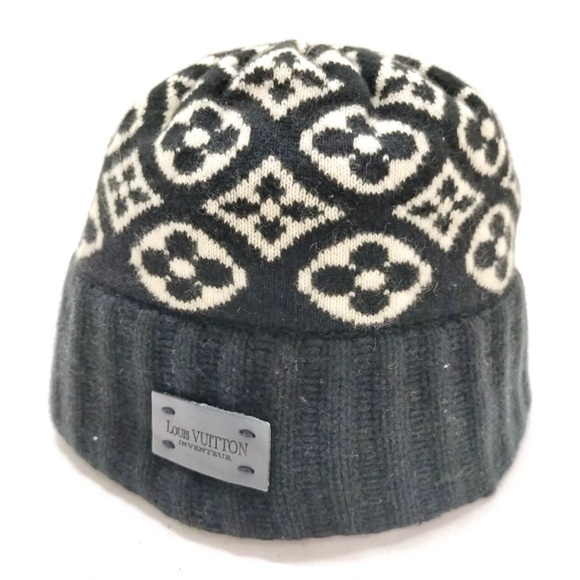 Auth Louis Vuitton 100% Cashmere Gray White Monogram Bonnet Hat Snow Cap - Picture 3 of 8